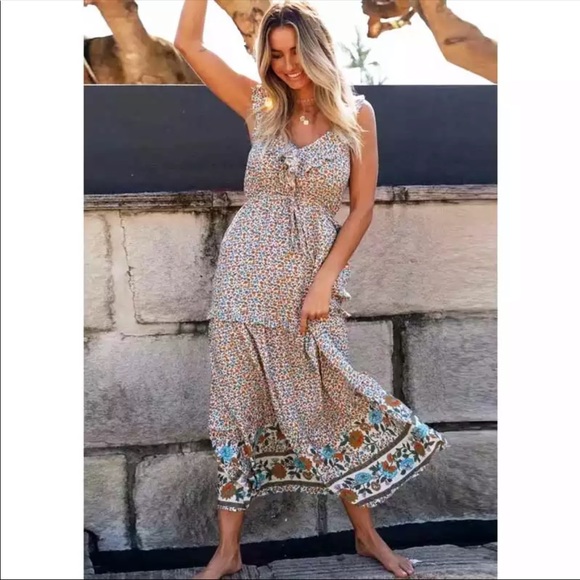 Boho Floral Gypsy Print Cami Maxi Dress Tiered - Picture 9 of 14